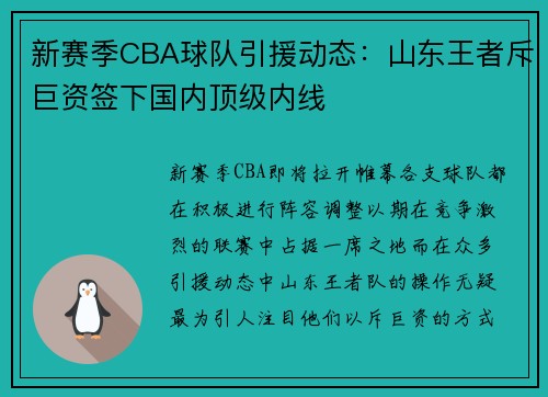 新赛季CBA球队引援动态：山东王者斥巨资签下国内顶级内线